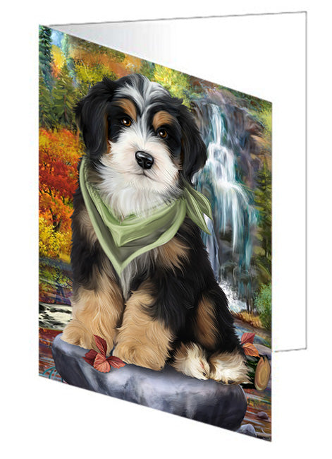 Scenic Waterfall Bernedoodle Dog Handmade Artwork Assorted Pets Greeting Cards and Note Cards with Envelopes for All Occasions and Holiday Seasons GCD53120