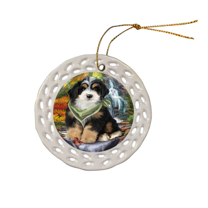 Scenic Waterfall Bernedoodle Dog Ceramic Doily Ornament DPOR49697