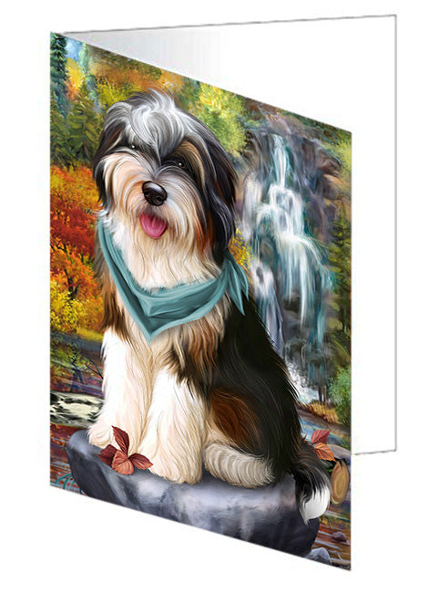 Scenic Waterfall Bernedoodle Dog Handmade Artwork Assorted Pets Greeting Cards and Note Cards with Envelopes for All Occasions and Holiday Seasons GCD53123
