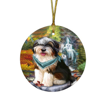 Scenic Waterfall Bernedoodle Dog Round Flat Christmas Ornament RFPOR49689