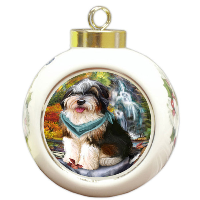 Scenic Waterfall Bernedoodle Dog Round Ball Christmas Ornament RBPOR49698