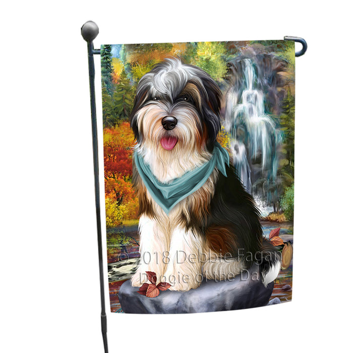 Scenic Waterfall Bernedoodle Dog Garden Flag GFLG49527