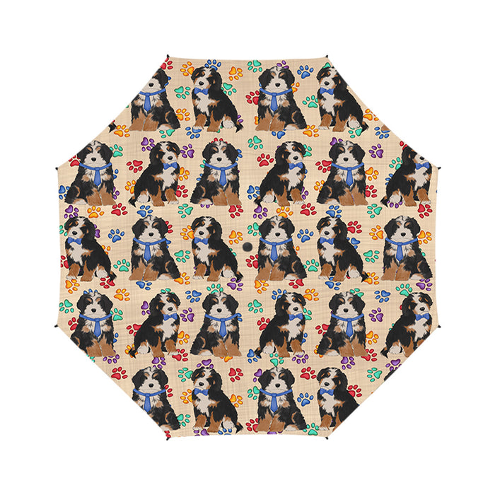 Rainbow Paw Print Bernedoodle Dogs Blue Semi-Automatic Foldable Umbrella
