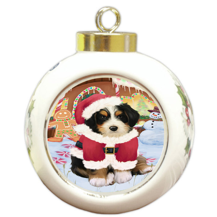 Christmas Gingerbread House Candyfest Bernedoodle Dog Round Ball Christmas Ornament RBPOR56531