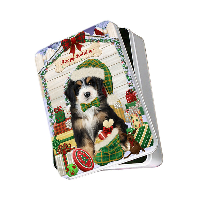 Happy Holidays Christmas Bernedoodle Dog House with Presents Photo Storage Tin PITN51332