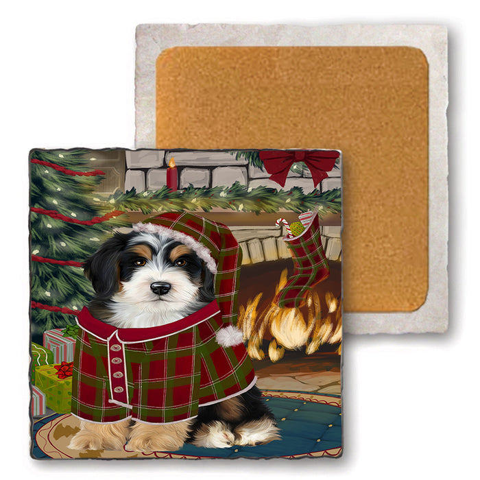 The Stocking was Hung Bernedoodle Dog Set of 4 Natural Stone Marble Tile Coasters MCST50204