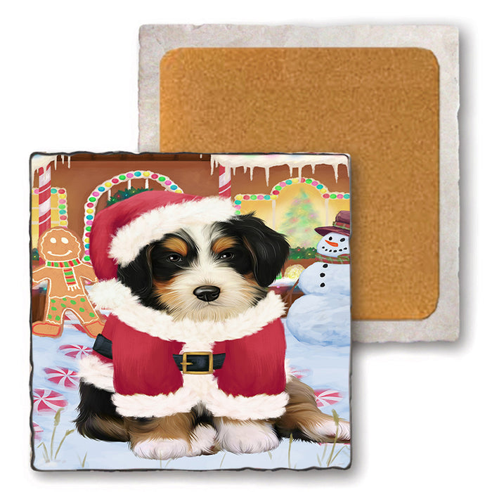 Christmas Gingerbread House Candyfest Bernedoodle Dog Set of 4 Natural Stone Marble Tile Coasters MCST51175