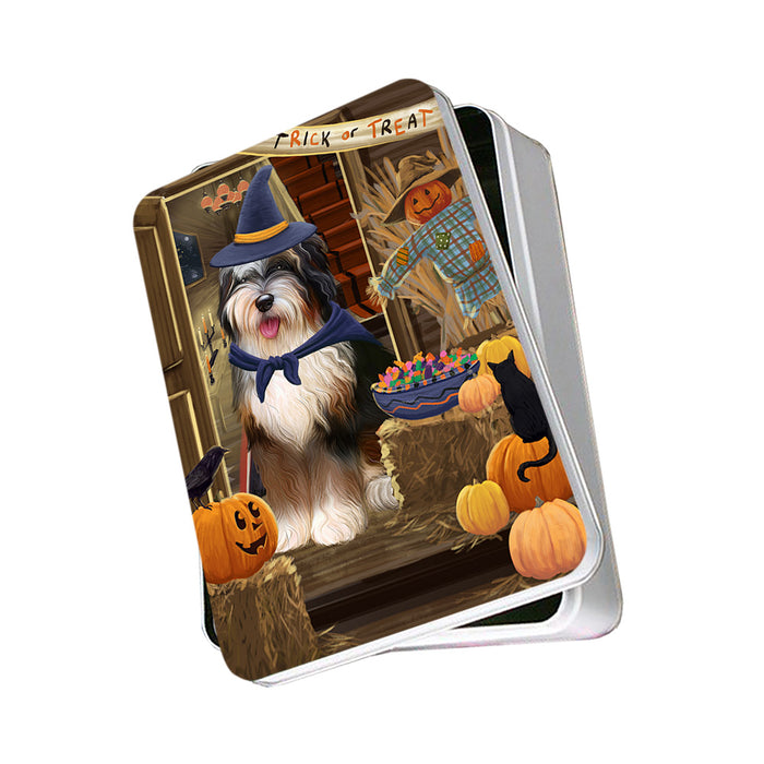 Enter at Own Risk Trick or Treat Halloween Bernedoodle Dog Photo Storage Tin PITN52994