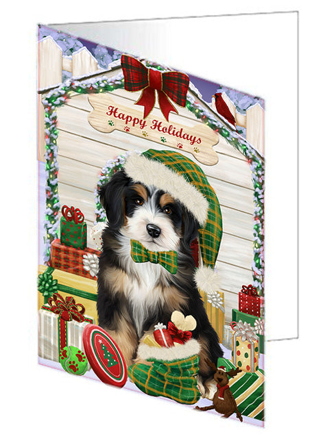 Happy Holidays Christmas Bernedoodle Dog House with Presents Handmade Artwork Assorted Pets Greeting Cards and Note Cards with Envelopes for All Occasions and Holiday Seasons GCD58025