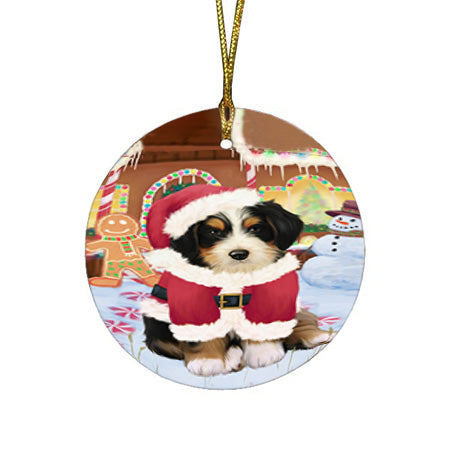 Christmas Gingerbread House Candyfest Bernedoodle Dog Round Flat Christmas Ornament RFPOR56531