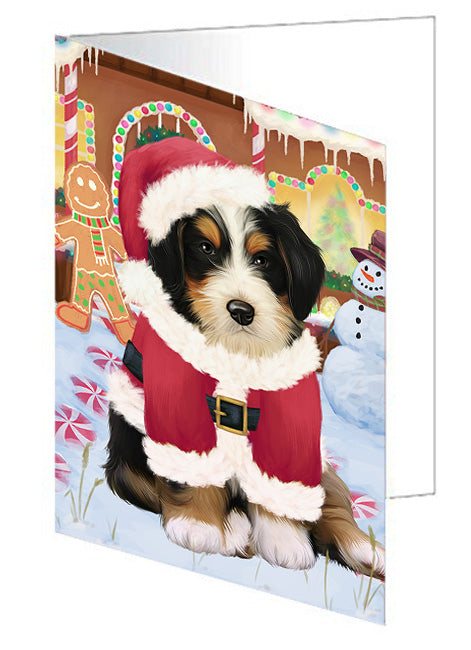 Christmas Gingerbread House Candyfest Bernedoodle Dog Handmade Artwork Assorted Pets Greeting Cards and Note Cards with Envelopes for All Occasions and Holiday Seasons GCD73040