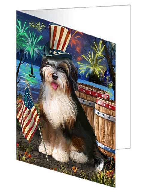 4th of July Independence Day Fireworks Bernedoodle Dog at the Lake Handmade Artwork Assorted Pets Greeting Cards and Note Cards with Envelopes for All Occasions and Holiday Seasons GCD57293