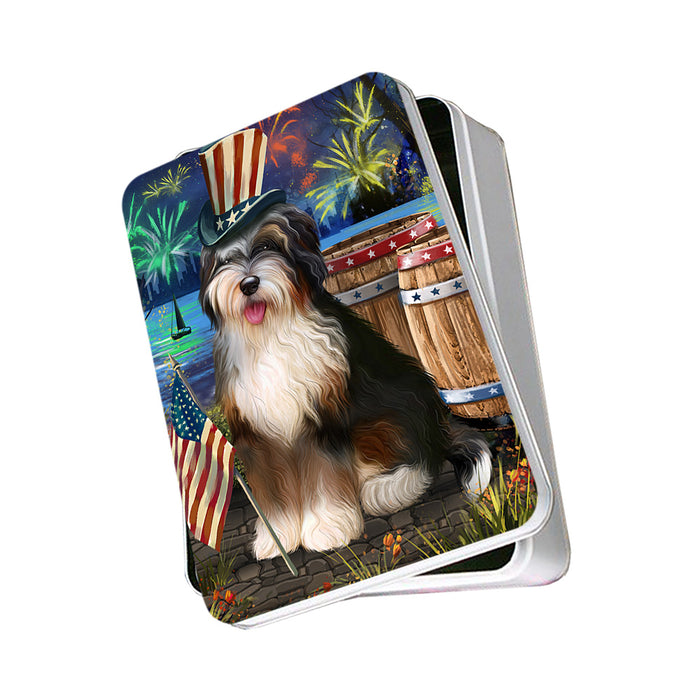 4th of July Independence Day Fireworks Bernedoodle Dog at the Lake Photo Storage Tin PITN51088