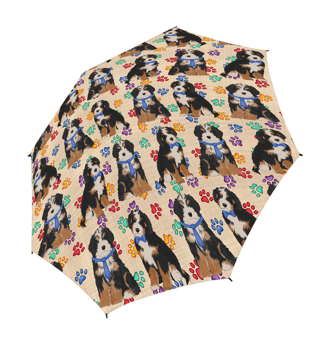 Rainbow Paw Print Bernedoodle Dogs Blue Semi-Automatic Foldable Umbrella