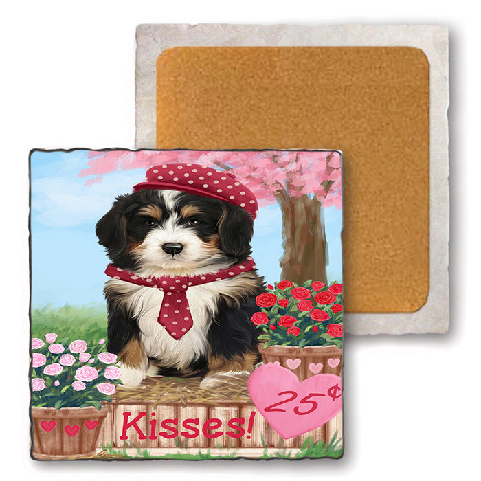 Rosie 25 Cent Kisses Bernedoodle Dog Set of 4 Natural Stone Marble Tile Coasters MCST50819