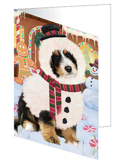 Christmas Gingerbread House Candyfest Bernedoodle Dog Handmade Artwork Assorted Pets Greeting Cards and Note Cards with Envelopes for All Occasions and Holiday Seasons GCD73043