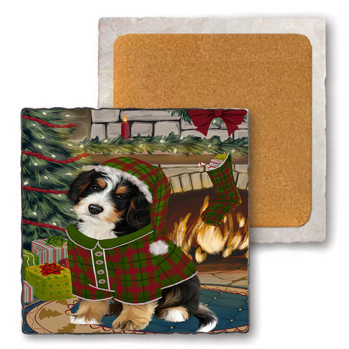The Stocking was Hung Bernedoodle Dog Set of 4 Natural Stone Marble Tile Coasters MCST50205