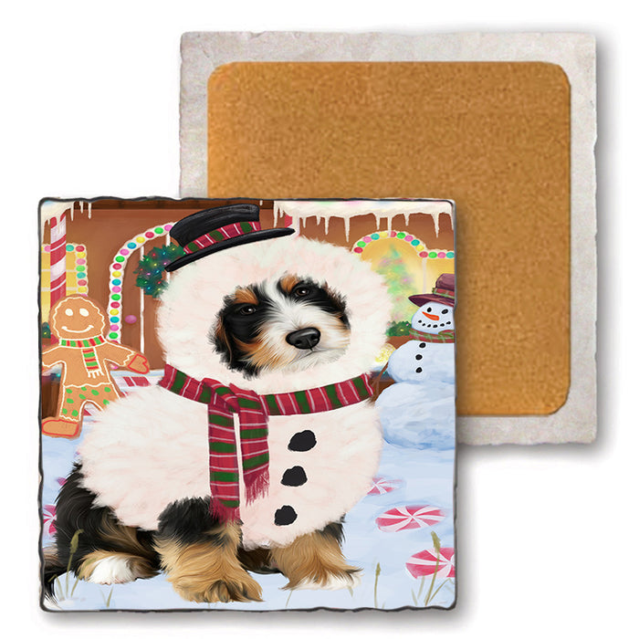Christmas Gingerbread House Candyfest Bernedoodle Dog Set of 4 Natural Stone Marble Tile Coasters MCST51176