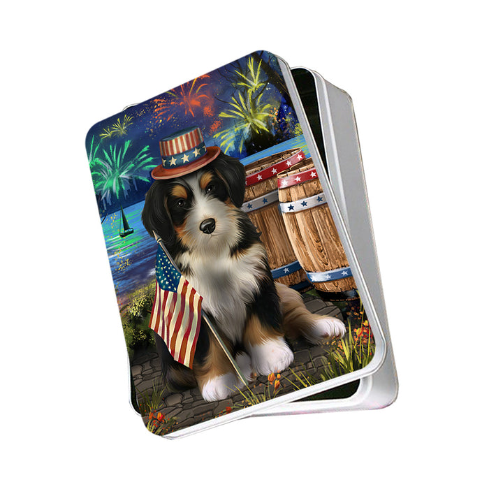 4th of July Independence Day Fireworks Bernedoodle Dog at the Lake Photo Storage Tin PITN51089
