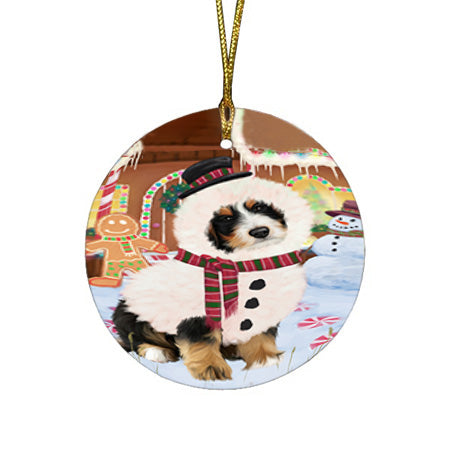 Christmas Gingerbread House Candyfest Bernedoodle Dog Round Flat Christmas Ornament RFPOR56532