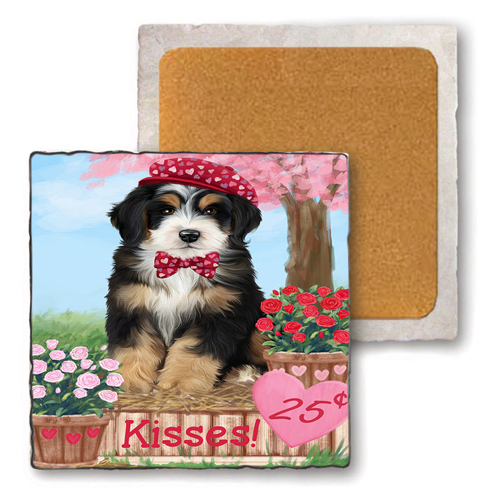 Rosie 25 Cent Kisses Bernedoodle Dog Set of 4 Natural Stone Marble Tile Coasters MCST50820