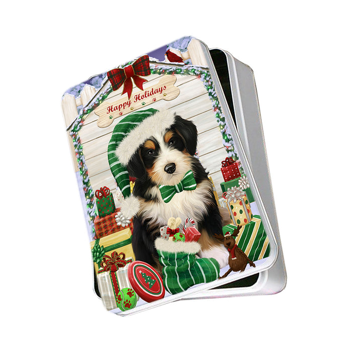 Happy Holidays Christmas Bernedoodle Dog House with Presents Photo Storage Tin PITN51333