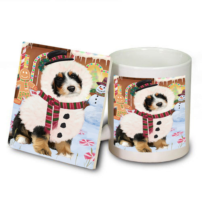 Christmas Gingerbread House Candyfest Bernedoodle Dog Mug and Coaster Set MUC56168