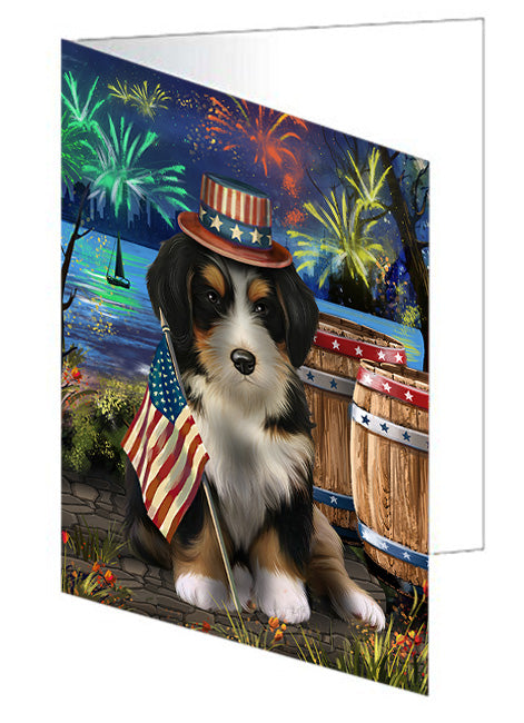 4th of July Independence Day Fireworks Bernedoodle Dog at the Lake Handmade Artwork Assorted Pets Greeting Cards and Note Cards with Envelopes for All Occasions and Holiday Seasons GCD57296