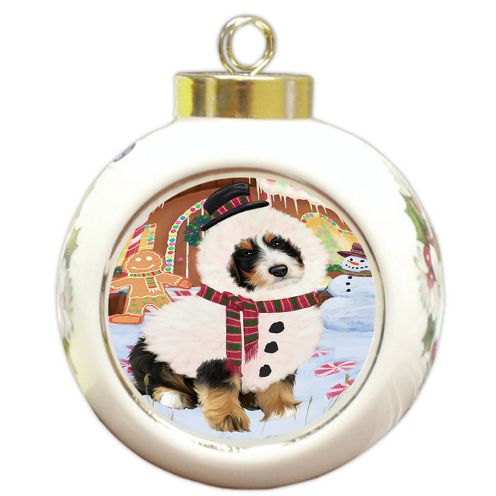 Christmas Gingerbread House Candyfest Bernedoodle Dog Round Ball Christmas Ornament RBPOR56532
