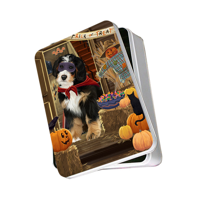 Enter at Own Risk Trick or Treat Halloween Bernedoodle Dog Photo Storage Tin PITN52995