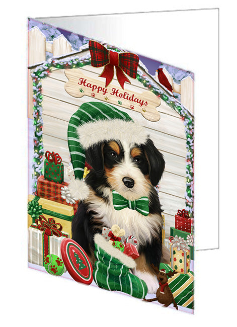 Happy Holidays Christmas Bernedoodle Dog House with Presents Handmade Artwork Assorted Pets Greeting Cards and Note Cards with Envelopes for All Occasions and Holiday Seasons GCD58028