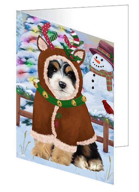 Christmas Gingerbread House Candyfest Bernedoodle Dog Handmade Artwork Assorted Pets Greeting Cards and Note Cards with Envelopes for All Occasions and Holiday Seasons GCD73046