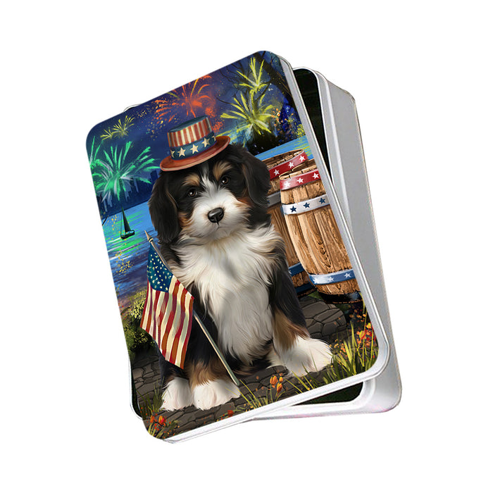 4th of July Independence Day Fireworks Bernedoodle Dog at the Lake Photo Storage Tin PITN51090