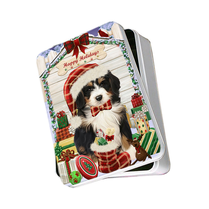 Happy Holidays Christmas Bernedoodle Dog House with Presents Photo Storage Tin PITN51334