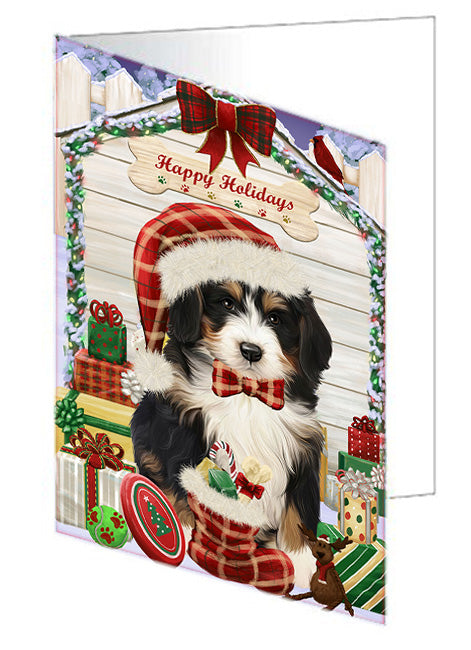 Happy Holidays Christmas Bernedoodle Dog House with Presents Handmade Artwork Assorted Pets Greeting Cards and Note Cards with Envelopes for All Occasions and Holiday Seasons GCD58031