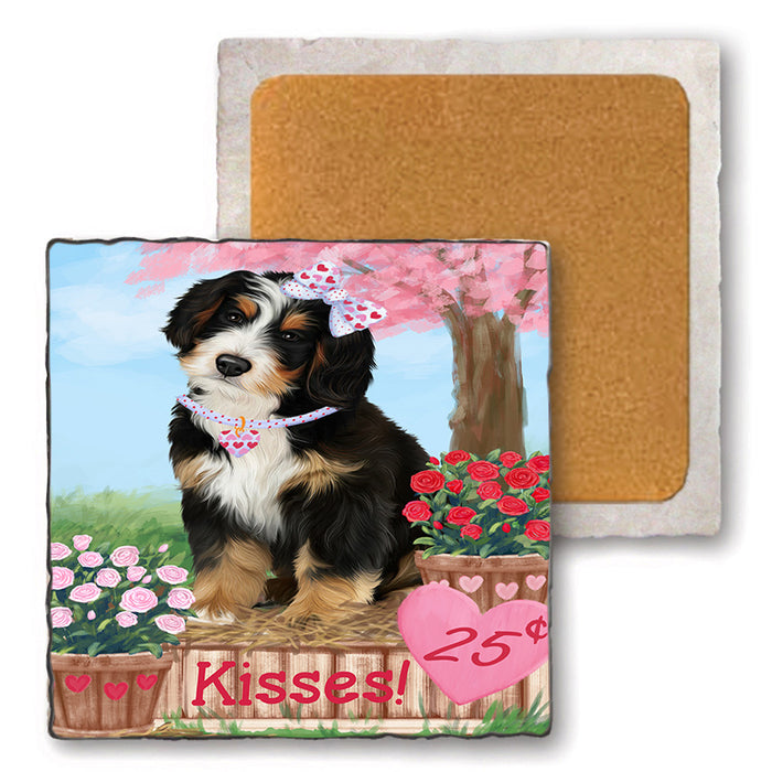 Rosie 25 Cent Kisses Bernedoodle Dog Set of 4 Natural Stone Marble Tile Coasters MCST50821