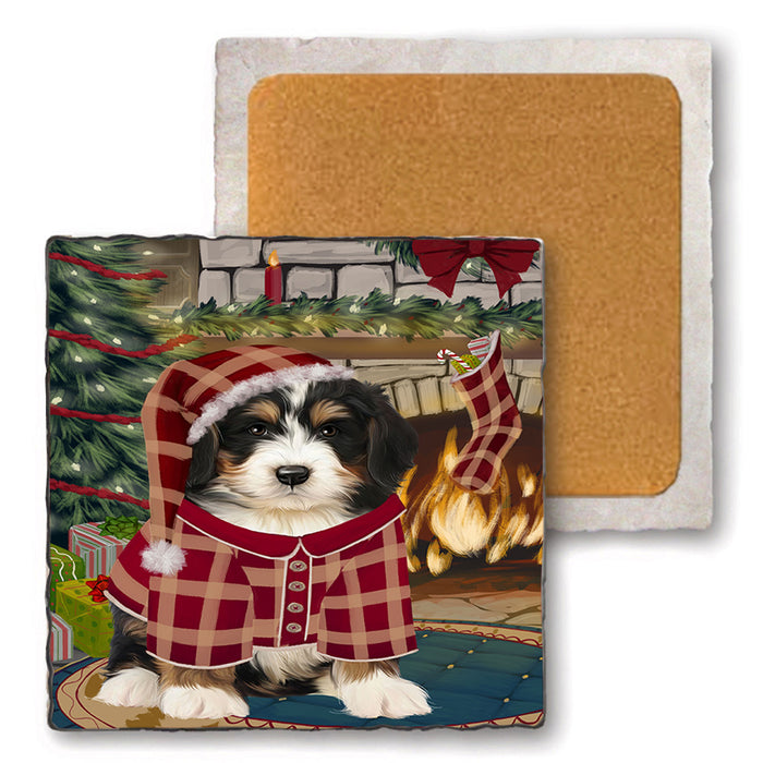 The Stocking was Hung Bernedoodle Dog Set of 4 Natural Stone Marble Tile Coasters MCST50206