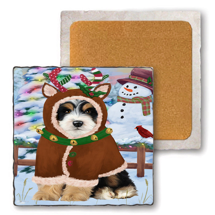Christmas Gingerbread House Candyfest Bernedoodle Dog Set of 4 Natural Stone Marble Tile Coasters MCST51177