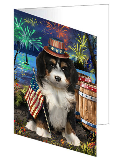 4th of July Independence Day Fireworks Bernedoodle Dog at the Lake Handmade Artwork Assorted Pets Greeting Cards and Note Cards with Envelopes for All Occasions and Holiday Seasons GCD57299