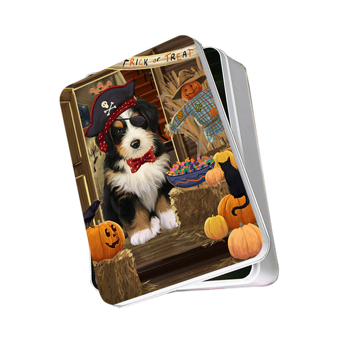 Enter at Own Risk Trick or Treat Halloween Bernedoodle Dog Photo Storage Tin PITN52996