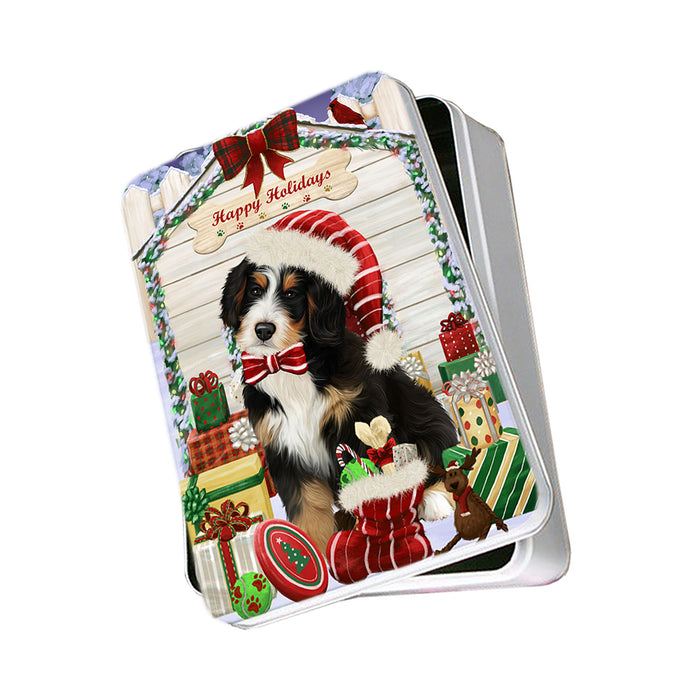 Happy Holidays Christmas Bernedoodle Dog House with Presents Photo Storage Tin PITN51335