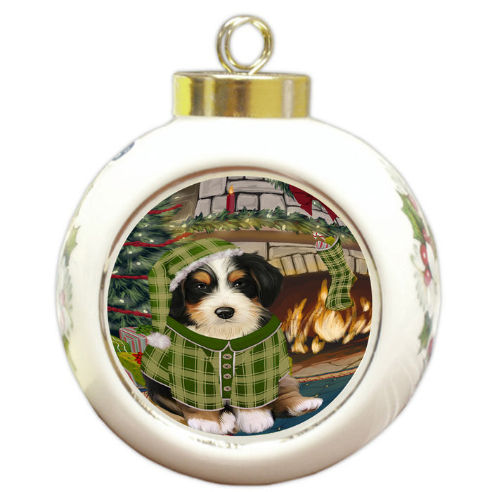 The Stocking was Hung Bernedoodle Dog Round Ball Christmas Ornament RBPOR55563