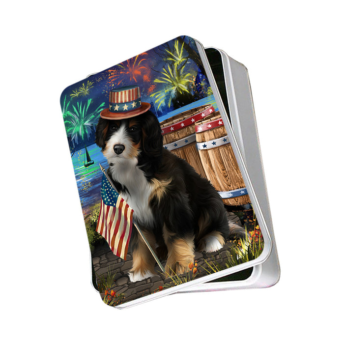4th of July Independence Day Fireworks Bernedoodle Dog at the Lake Photo Storage Tin PITN51091