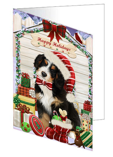 Happy Holidays Christmas Bernedoodle Dog House with Presents Handmade Artwork Assorted Pets Greeting Cards and Note Cards with Envelopes for All Occasions and Holiday Seasons GCD58034