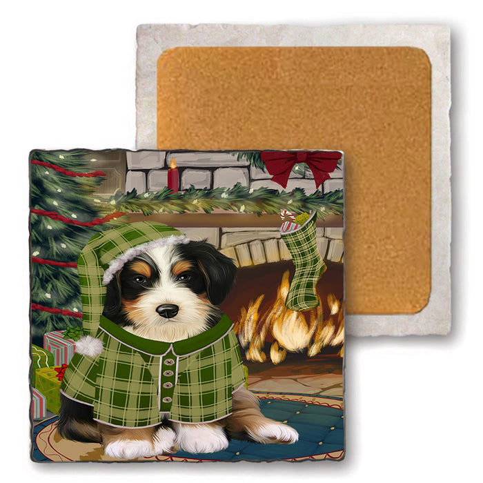 The Stocking was Hung Bernedoodle Dog Set of 4 Natural Stone Marble Tile Coasters MCST50207