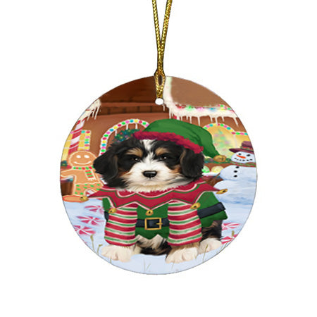 Christmas Gingerbread House Candyfest Bernedoodle Dog Round Flat Christmas Ornament RFPOR56534