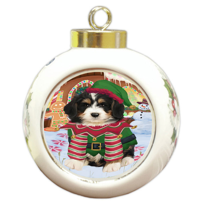 Christmas Gingerbread House Candyfest Bernedoodle Dog Round Ball Christmas Ornament RBPOR56534
