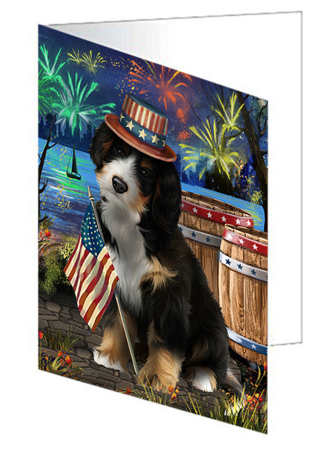 4th of July Independence Day Fireworks Bernedoodle Dog at the Lake Handmade Artwork Assorted Pets Greeting Cards and Note Cards with Envelopes for All Occasions and Holiday Seasons GCD57302