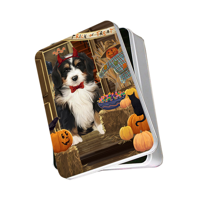 Enter at Own Risk Trick or Treat Halloween Bernedoodle Dog Photo Storage Tin PITN52997