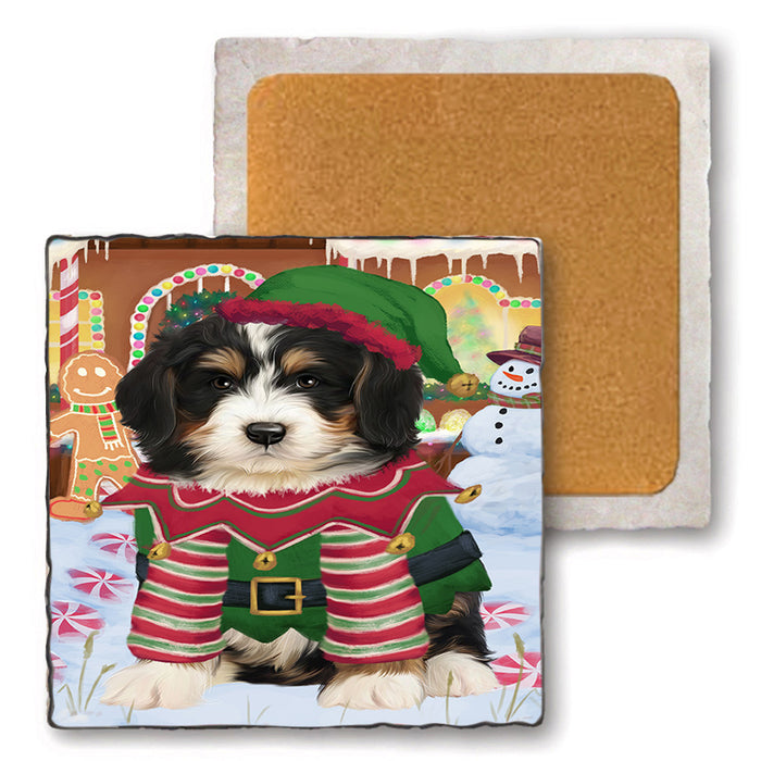 Christmas Gingerbread House Candyfest Bernedoodle Dog Set of 4 Natural Stone Marble Tile Coasters MCST51178